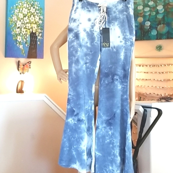 LENNI Free People Blue HTF Tie Dye Lace Up Bell Flare Jimmy Pants S 30W - Picture 16 of 16